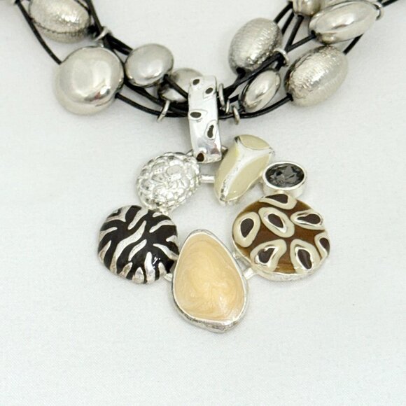 Chico's Multi-Strand Black Cord Necklace W/ Silver-Tone Beads & Abstract Pendant - Picture 5 of 8
